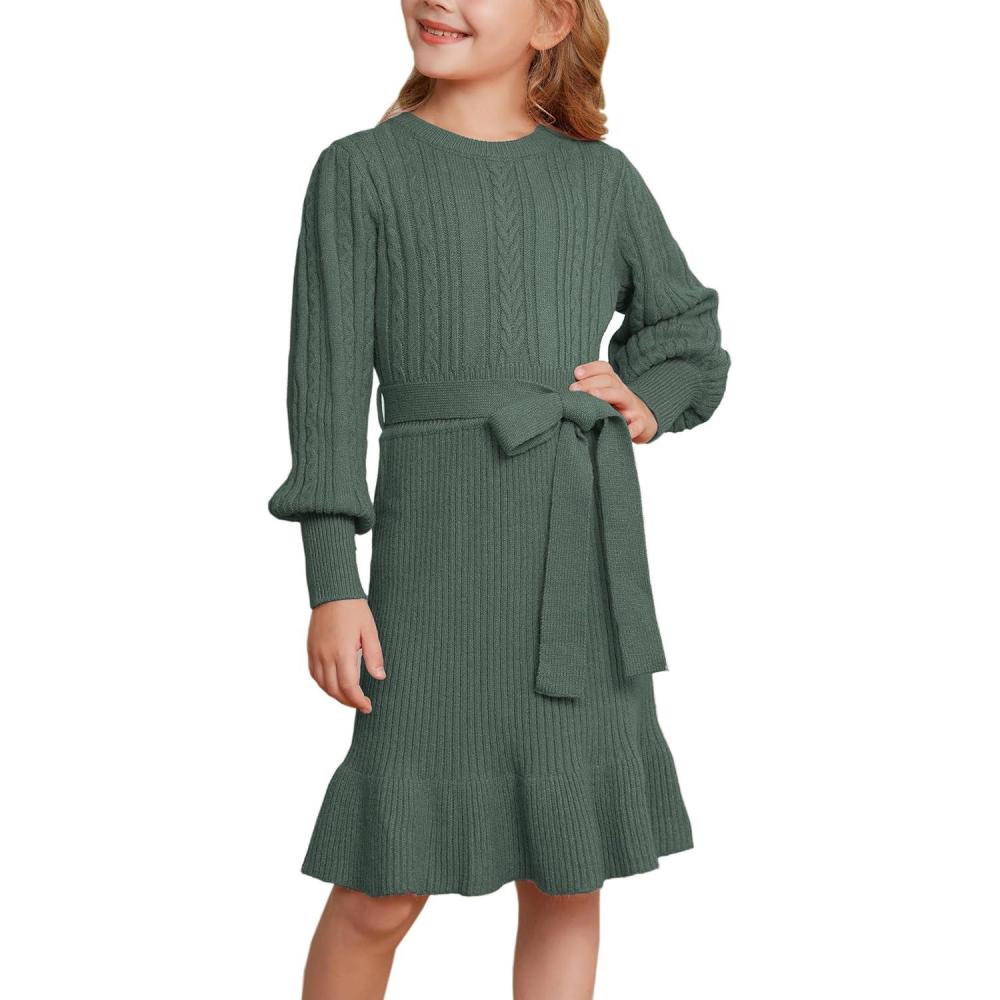imageGRACE KARIN Girls Sweater Dress Cable Knit Long Sleeve Fall Winter Dress for Girl with Belt Sizes 614Tea Green