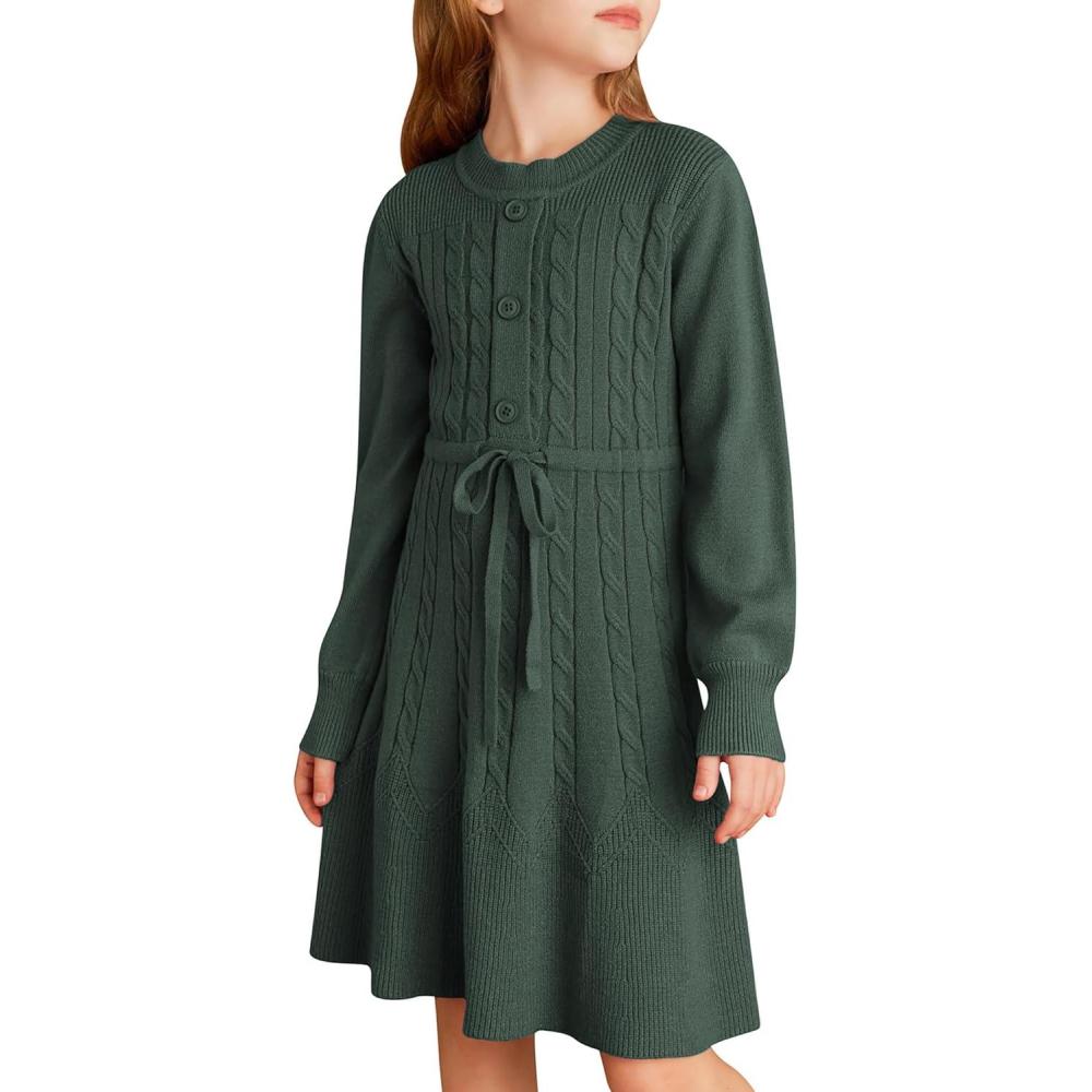 imageGRACE KARIN Girls Sweater Dress Fall Winter Long Sleeve Kids Fashion Drawstring Waist Cable Knit Dresses Size 512Army Green
