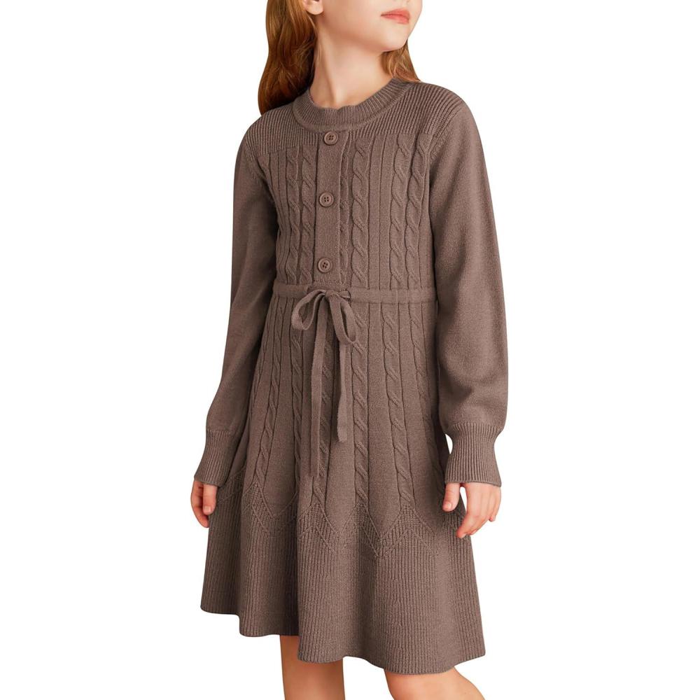 imageGRACE KARIN Girls Sweater Dress Fall Winter Long Sleeve Kids Fashion Drawstring Waist Cable Knit Dresses Size 512Brown