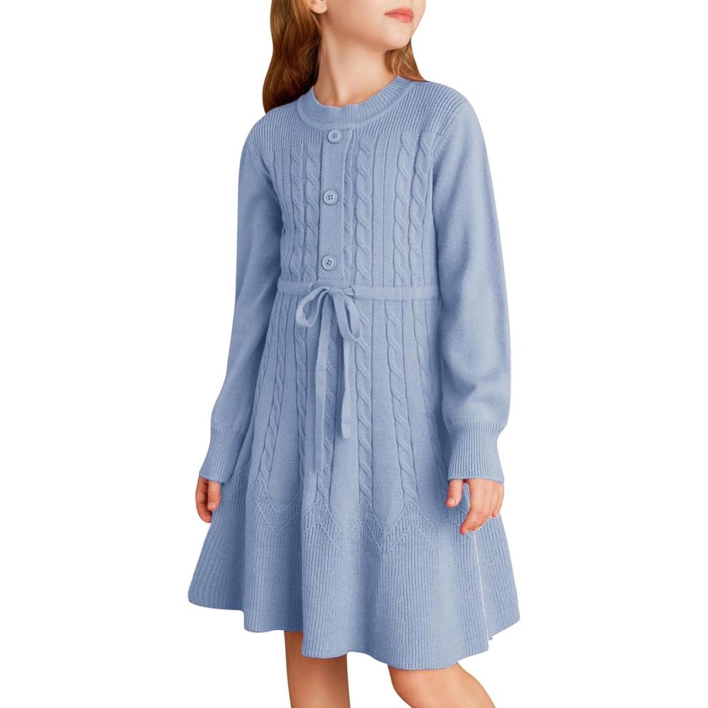 imageGRACE KARIN Girls Sweater Dress Fall Winter Long Sleeve Kids Fashion Drawstring Waist Cable Knit Dresses Size 512Serenity Blue