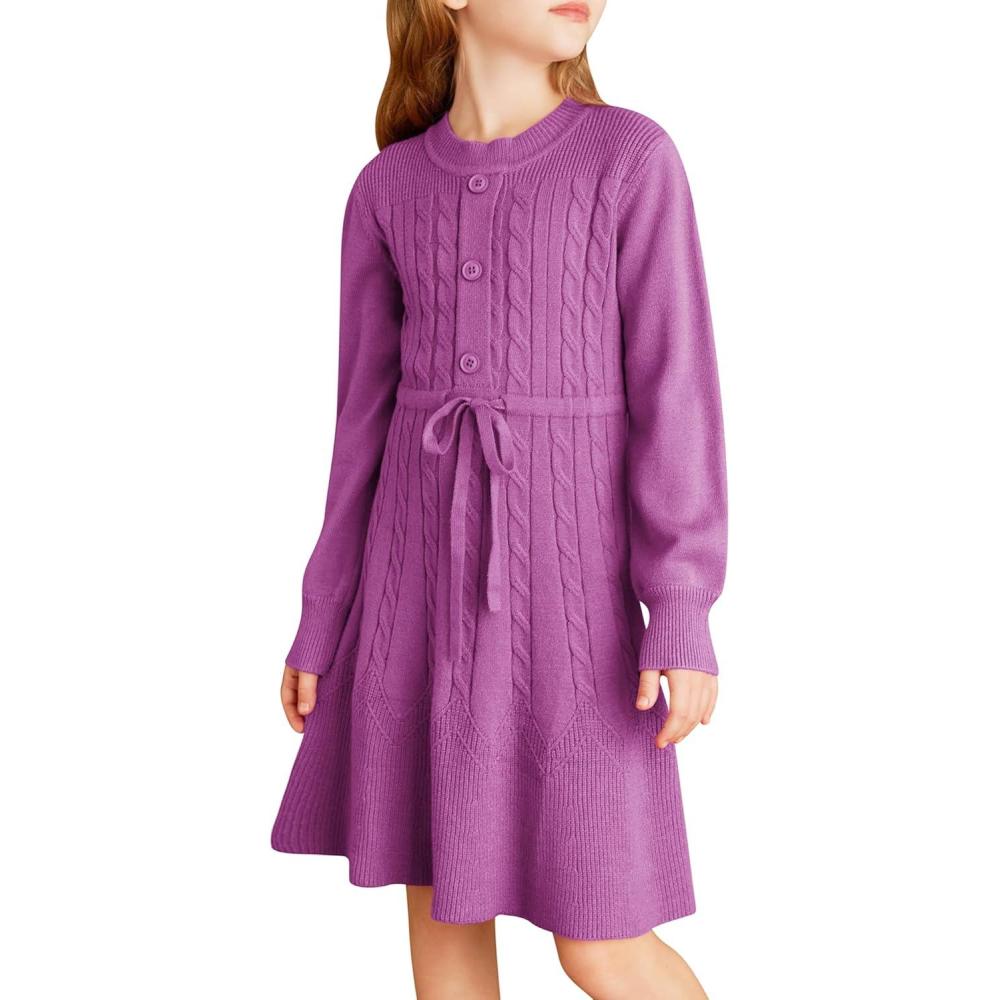 imageGRACE KARIN Girls Sweater Dress Fall Winter Long Sleeve Kids Fashion Drawstring Waist Cable Knit Dresses Size 512Unique Purple