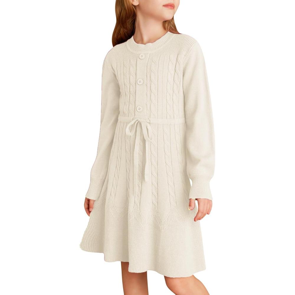 imageGRACE KARIN Girls Sweater Dress Fall Winter Long Sleeve Kids Fashion Drawstring Waist Cable Knit Dresses Size 512White