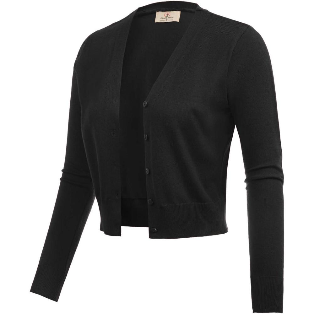 imageGRACE KARIN Long Sleeve Cropped Cardigan Sweaters for Women Lightweight Button Down VNeck Open Front Bolero Shrug JacketBlack