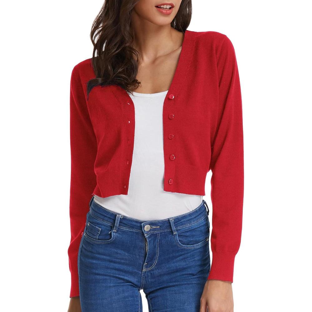 imageGRACE KARIN Long Sleeve Cropped Cardigan Sweaters for Women Lightweight Button Down VNeck Open Front Bolero Shrug JacketBright Red