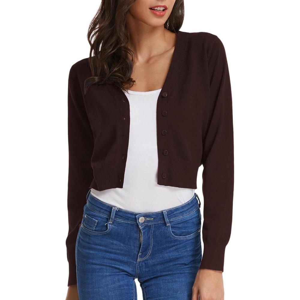 imageGRACE KARIN Long Sleeve Cropped Cardigan Sweaters for Women Lightweight Button Down VNeck Open Front Bolero Shrug JacketDark Brown