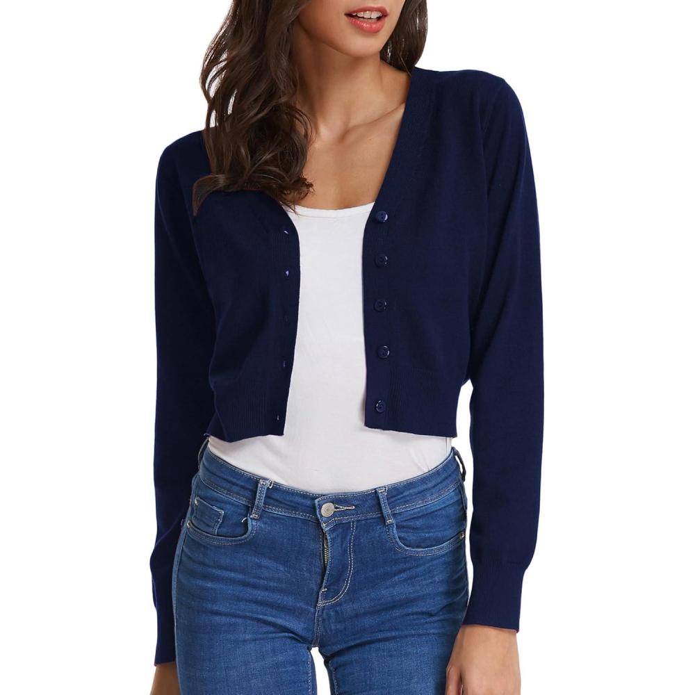 imageGRACE KARIN Long Sleeve Cropped Cardigan Sweaters for Women Lightweight Button Down VNeck Open Front Bolero Shrug JacketDeep Blue
