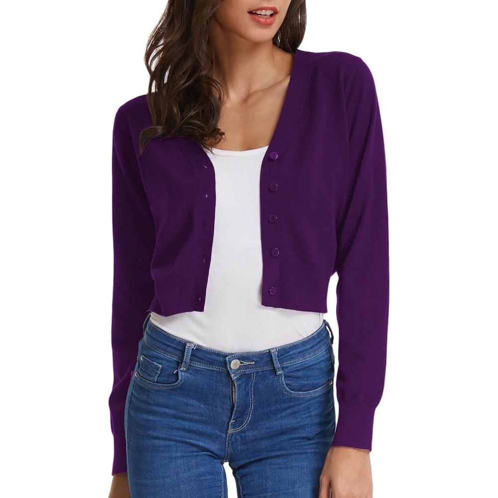 imageGRACE KARIN Long Sleeve Cropped Cardigan Sweaters for Women Lightweight Button Down VNeck Open Front Bolero Shrug JacketDeep Purple