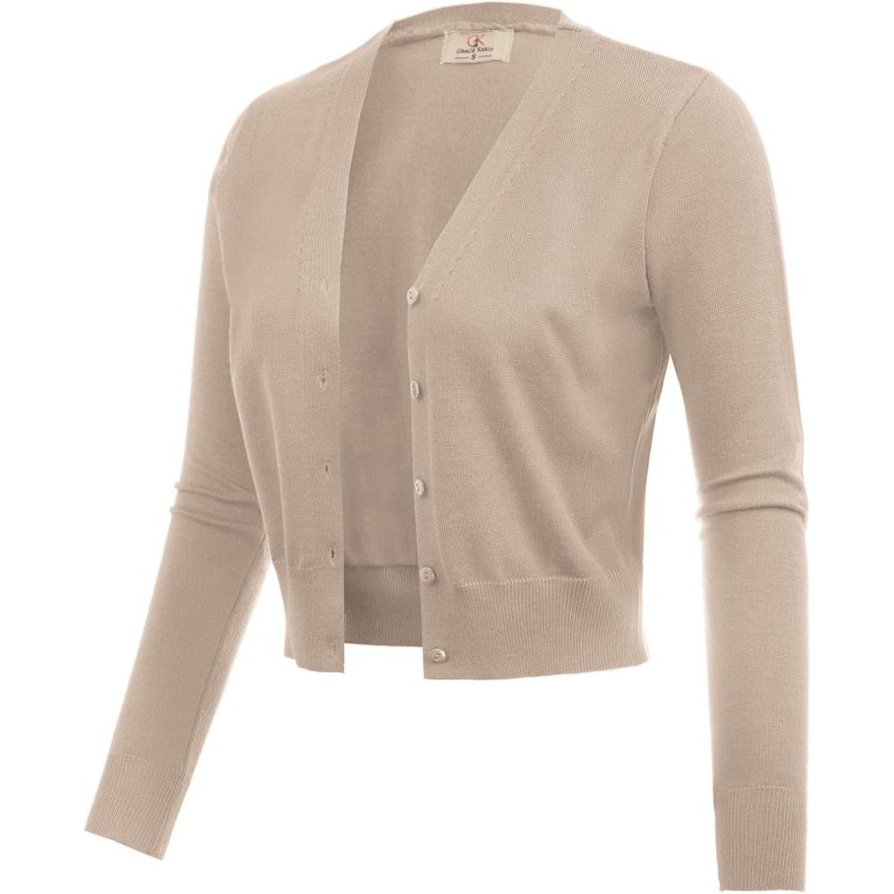 imageGRACE KARIN Long Sleeve Cropped Cardigan Sweaters for Women Lightweight Button Down VNeck Open Front Bolero Shrug JacketKhaki