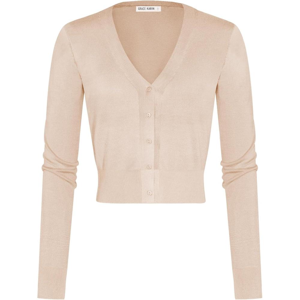 imageGRACE KARIN Long Sleeve Cropped Cardigan Sweaters for Women Lightweight Button Down VNeck Open Front Bolero Shrug JacketLight Apricot