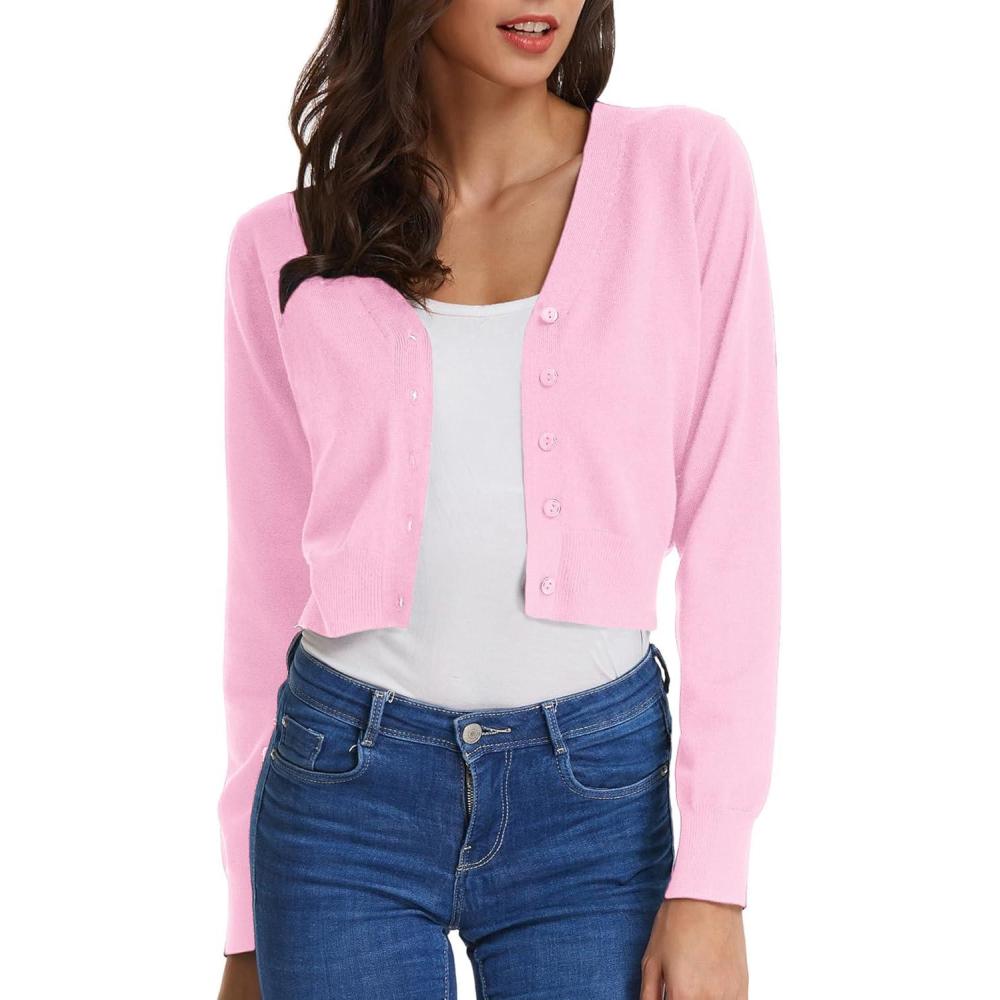 imageGRACE KARIN Long Sleeve Cropped Cardigan Sweaters for Women Lightweight Button Down VNeck Open Front Bolero Shrug JacketLotus Pink