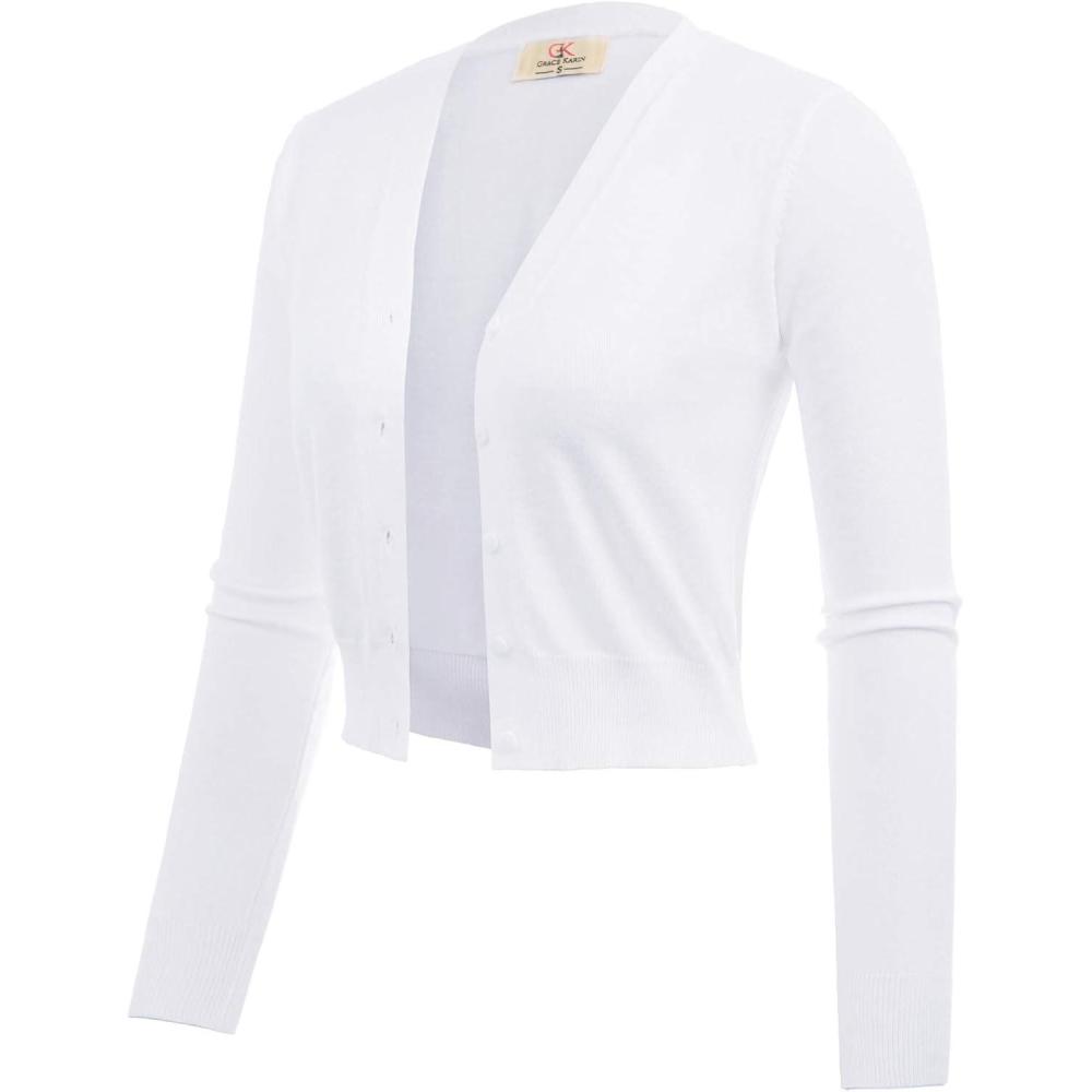 imageGRACE KARIN Long Sleeve Cropped Cardigan Sweaters for Women Lightweight Button Down VNeck Open Front Bolero Shrug JacketWhite