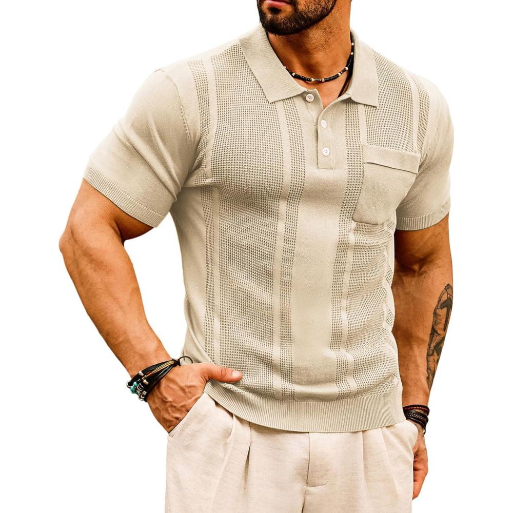 imageGRACE KARIN Mens Breathable Polo Shirts Short Sleeve Lightweight Knit Texture Golf Shirts KnitwearApricot