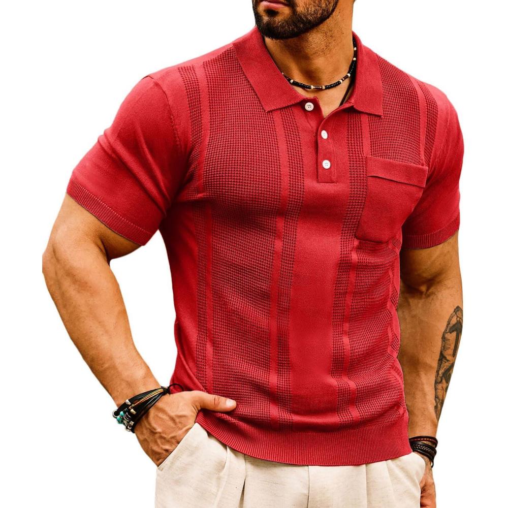 imageGRACE KARIN Mens Breathable Polo Shirts Short Sleeve Lightweight Knit Texture Golf Shirts KnitwearCherry Red
