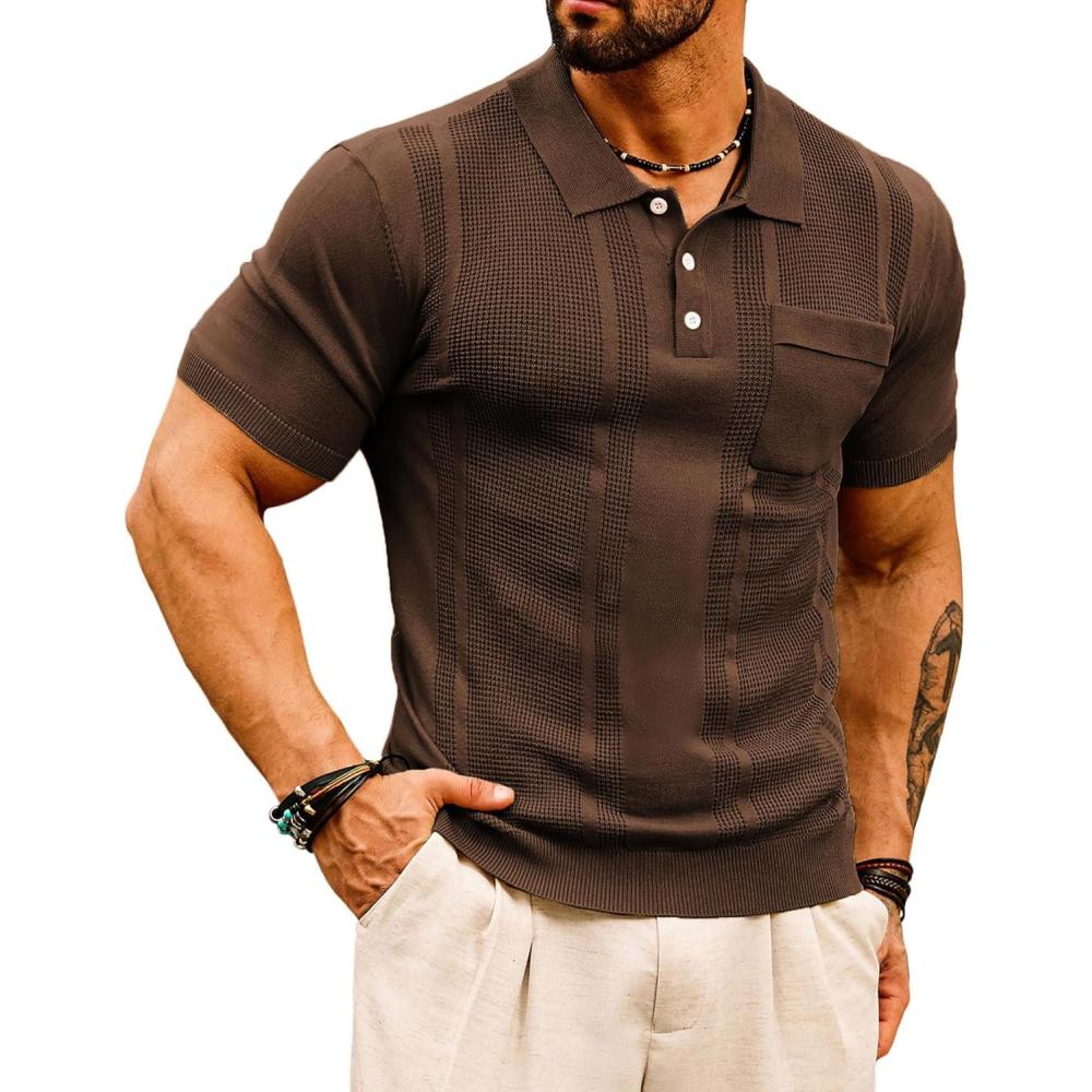 imageGRACE KARIN Mens Breathable Polo Shirts Short Sleeve Lightweight Knit Texture Golf Shirts KnitwearCoffee