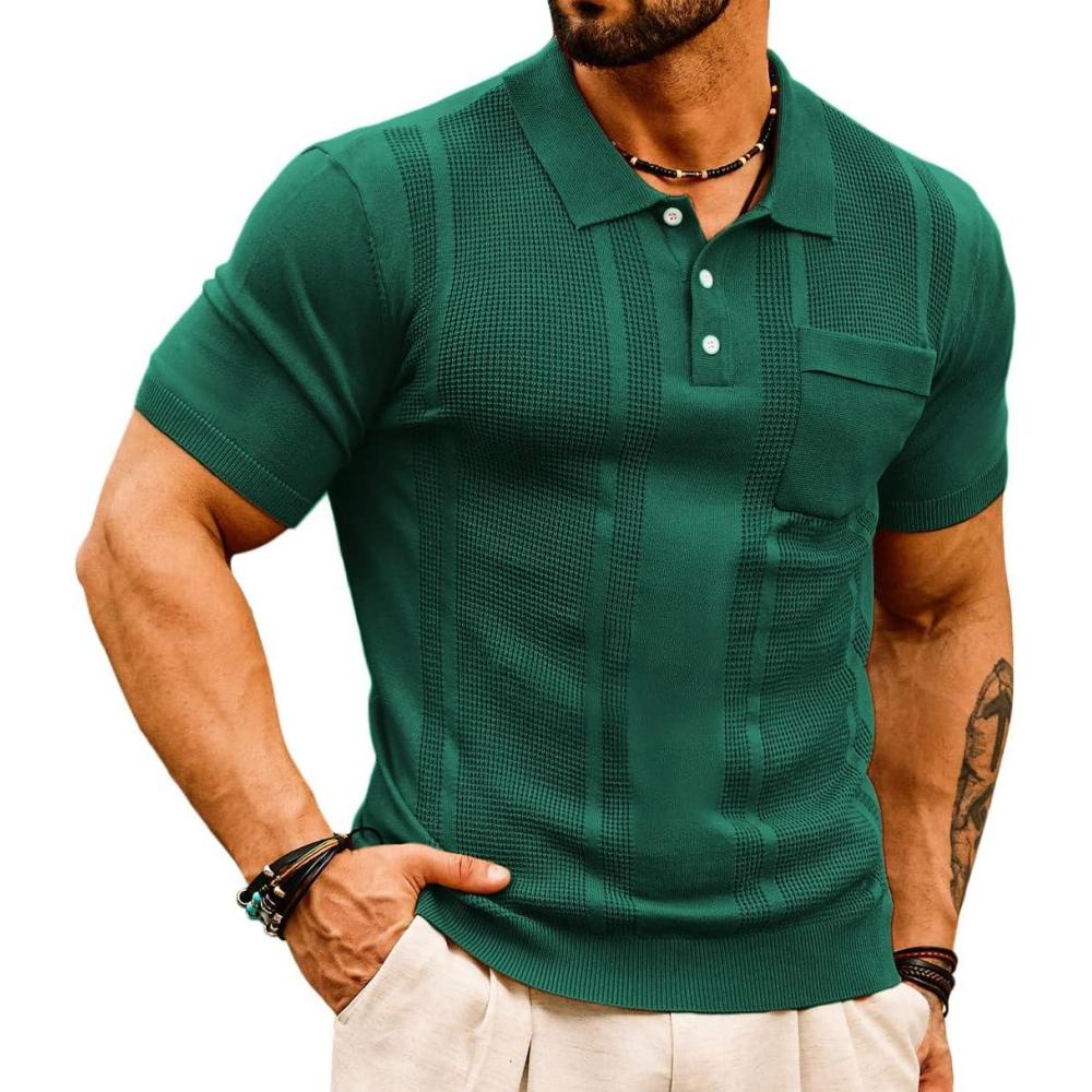imageGRACE KARIN Mens Breathable Polo Shirts Short Sleeve Lightweight Knit Texture Golf Shirts KnitwearDeep Green
