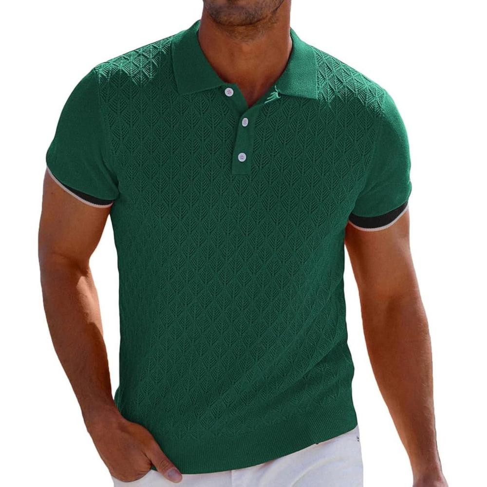 imageGRACE KARIN Mens Breathable Polo Shirts Short Sleeve Lightweight Knit Texture Golf Shirts KnitwearGreen