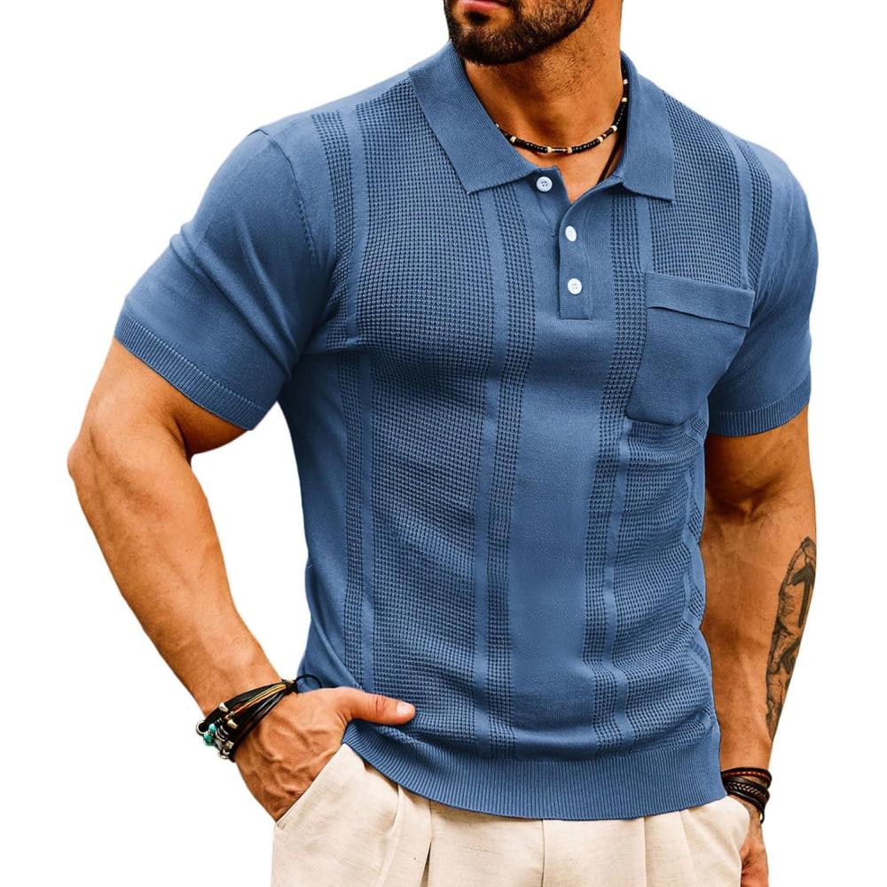 imageGRACE KARIN Mens Breathable Polo Shirts Short Sleeve Lightweight Knit Texture Golf Shirts KnitwearIndigo