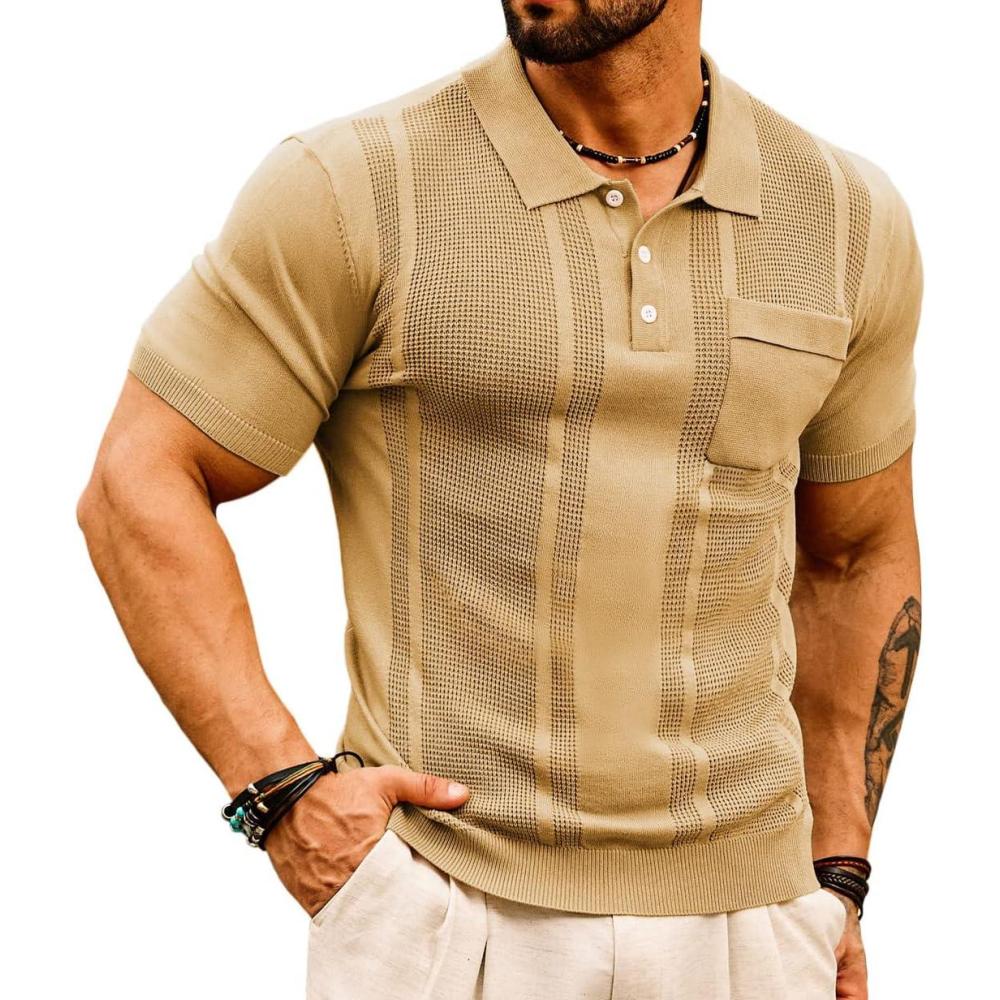 imageGRACE KARIN Mens Breathable Polo Shirts Short Sleeve Lightweight Knit Texture Golf Shirts KnitwearKhaki