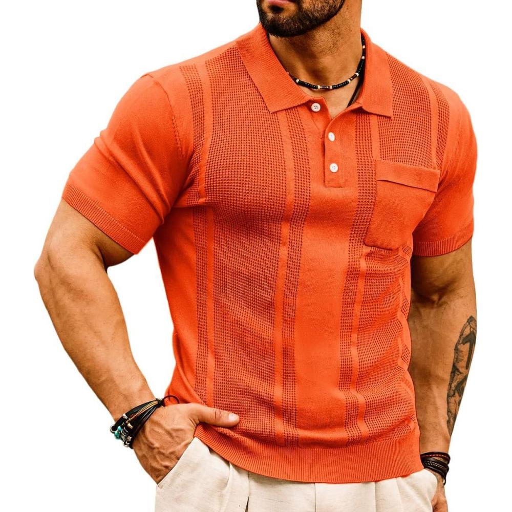 imageGRACE KARIN Mens Breathable Polo Shirts Short Sleeve Lightweight Knit Texture Golf Shirts KnitwearOrange