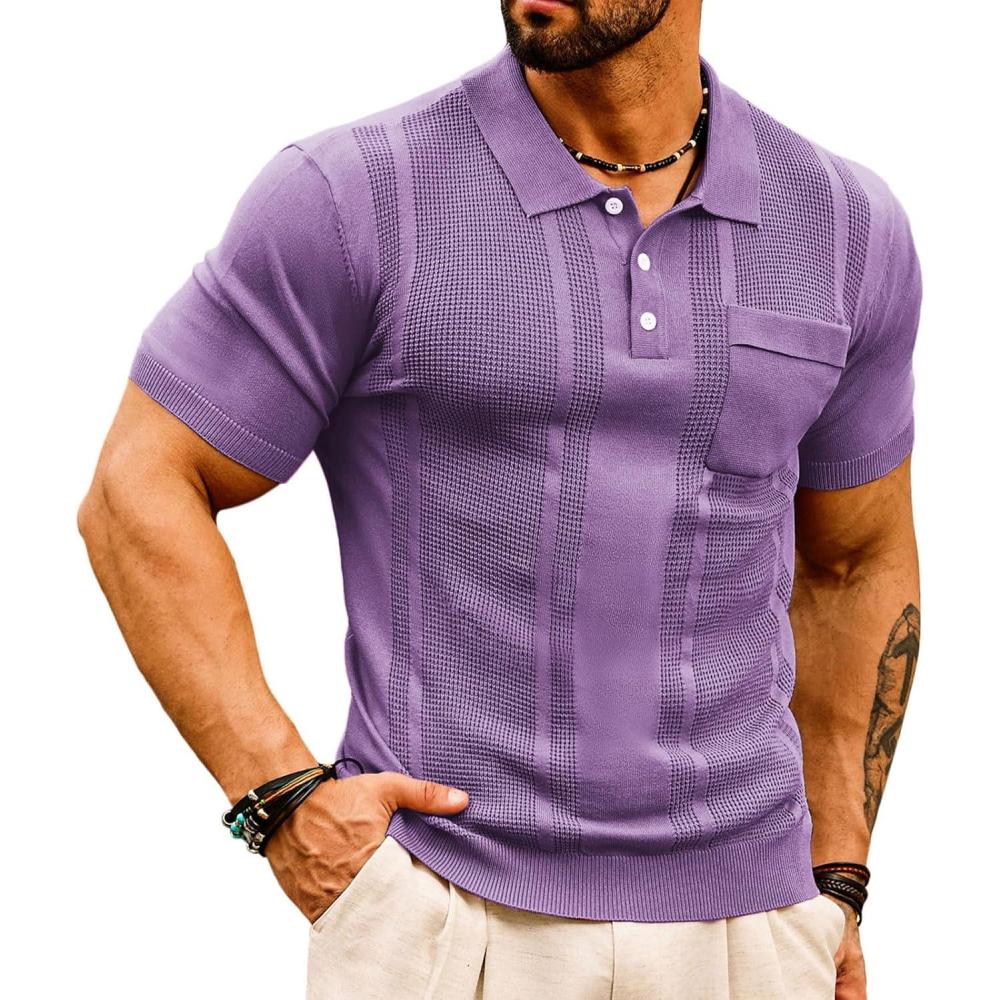 imageGRACE KARIN Mens Breathable Polo Shirts Short Sleeve Lightweight Knit Texture Golf Shirts KnitwearPurple