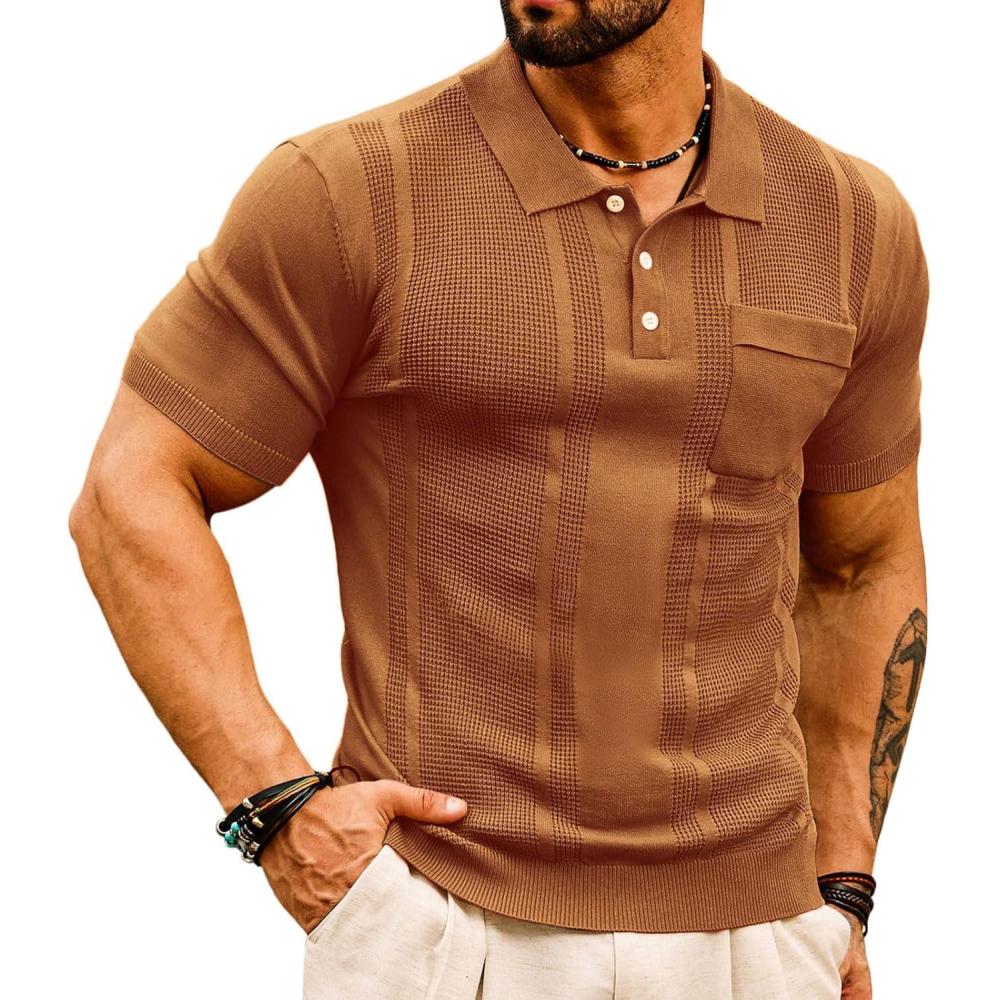 imageGRACE KARIN Mens Breathable Polo Shirts Short Sleeve Lightweight Knit Texture Golf Shirts KnitwearRed Coffee