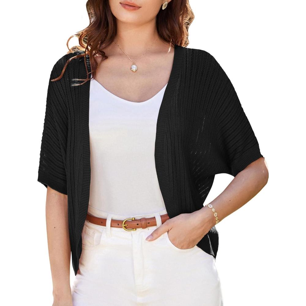 imageGRACE KARIN Open Front Cropped Cardigan Sweaters for Women Lightweight Short Sleeve Knitted Bolero Shrugs for DressesBlack