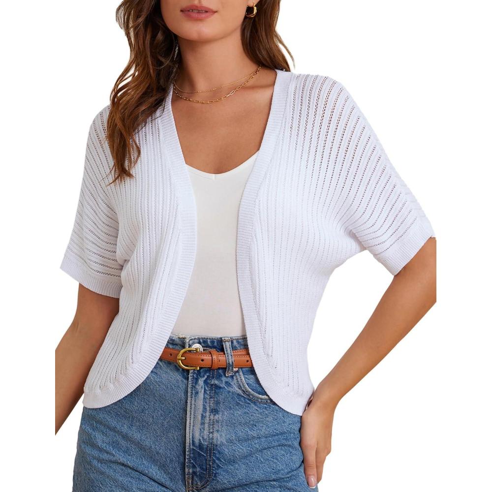 imageGRACE KARIN Open Front Cropped Cardigan Sweaters for Women Lightweight Short Sleeve Knitted Bolero Shrugs for DressesWhite