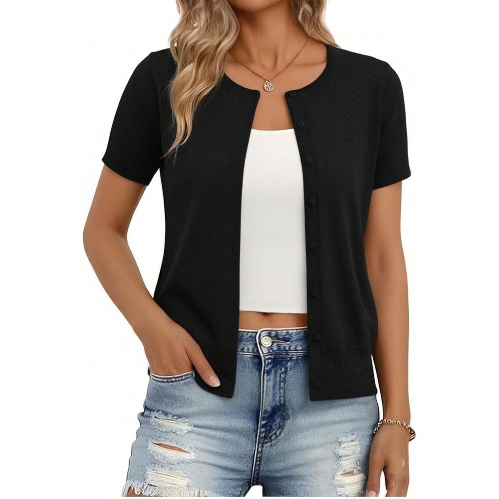 imageGRACE KARIN Short Sleeve Cardigans for Women 2026 Summer Knitted Sweater Tops Basic Crew Neck Crop OutfitsBlack