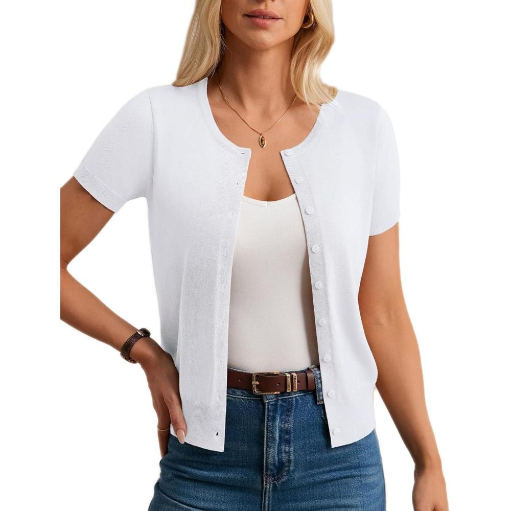 imageGRACE KARIN Short Sleeve Cardigans for Women 2026 Summer Knitted Sweater Tops Basic Crew Neck Crop OutfitsBright White