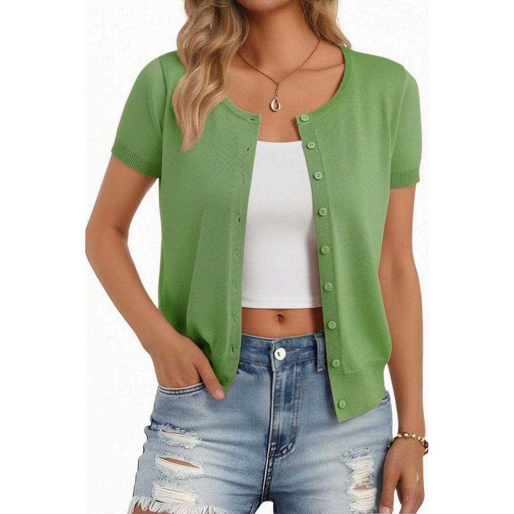 imageGRACE KARIN Short Sleeve Cardigans for Women 2026 Summer Knitted Sweater Tops Basic Crew Neck Crop OutfitsForest Green
