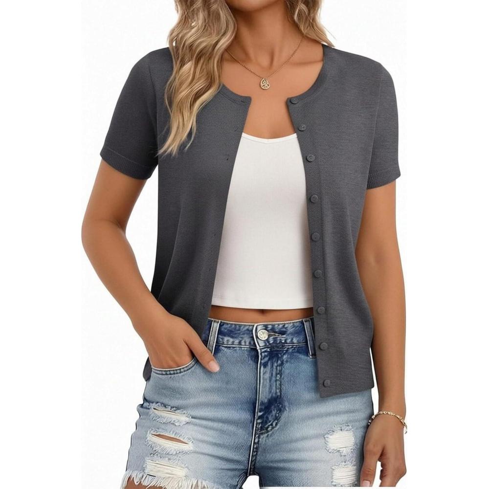 imageGRACE KARIN Short Sleeve Cardigans for Women 2026 Summer Knitted Sweater Tops Basic Crew Neck Crop OutfitsGray Heather