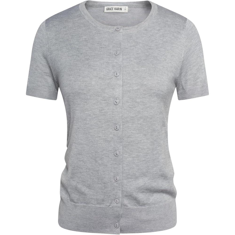imageGRACE KARIN Short Sleeve Cardigans for Women 2026 Summer Knitted Sweater Tops Basic Crew Neck Crop OutfitsLight Gray
