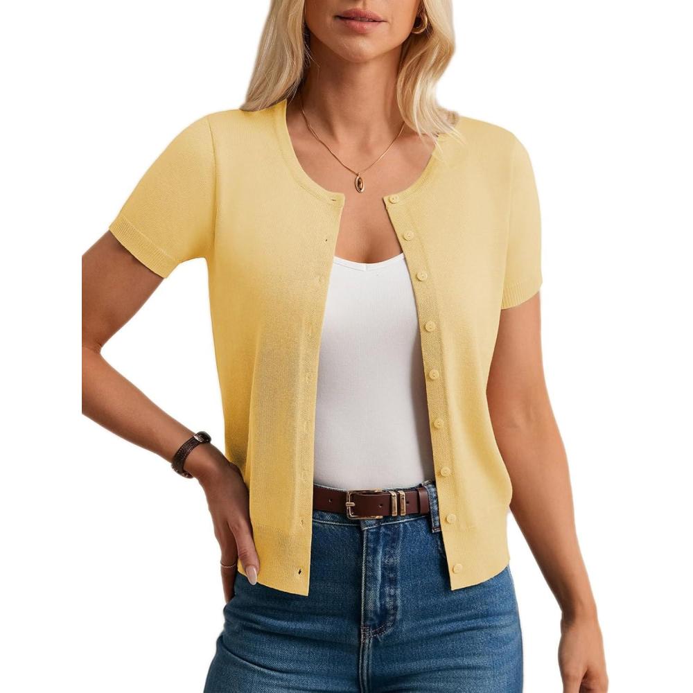 imageGRACE KARIN Short Sleeve Cardigans for Women 2026 Summer Knitted Sweater Tops Basic Crew Neck Crop OutfitsLight Yellow
