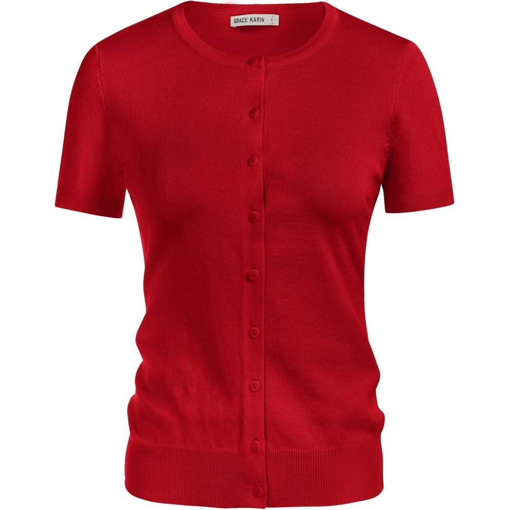 imageGRACE KARIN Short Sleeve Cardigans for Women 2026 Summer Knitted Sweater Tops Basic Crew Neck Crop OutfitsRed