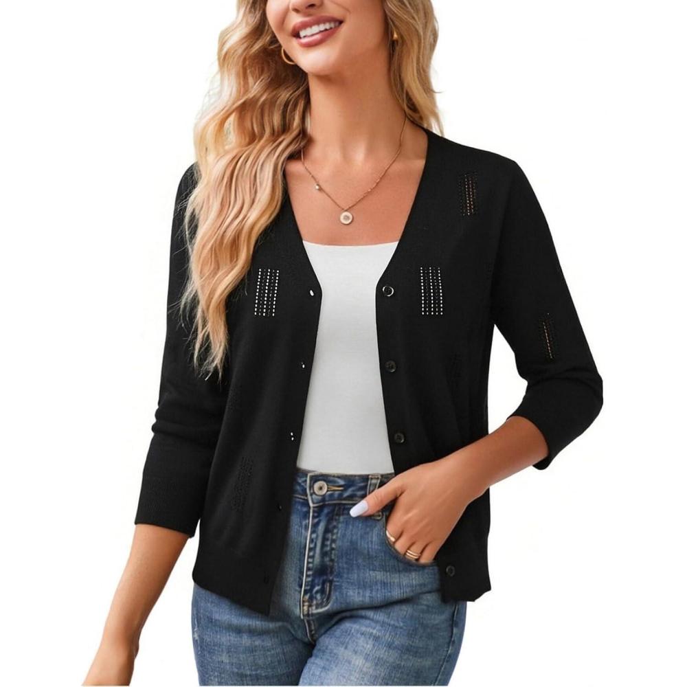 imageGRACE KARIN Women 34 Sleeve Cardigans for Women Lightweight Cardigan Sweaters Spring Open Front Button Down TopsBlack
