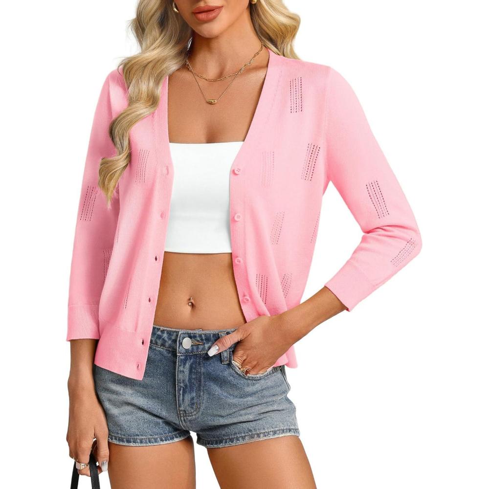 imageGRACE KARIN Women 34 Sleeve Cardigans for Women Lightweight Cardigan Sweaters Spring Open Front Button Down TopsLight Pink