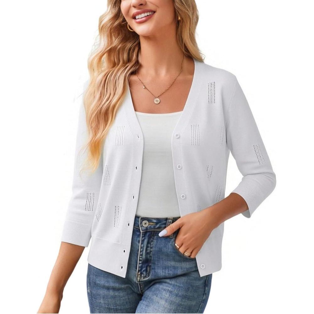 imageGRACE KARIN Women 34 Sleeve Cardigans for Women Lightweight Cardigan Sweaters Spring Open Front Button Down TopsWhite