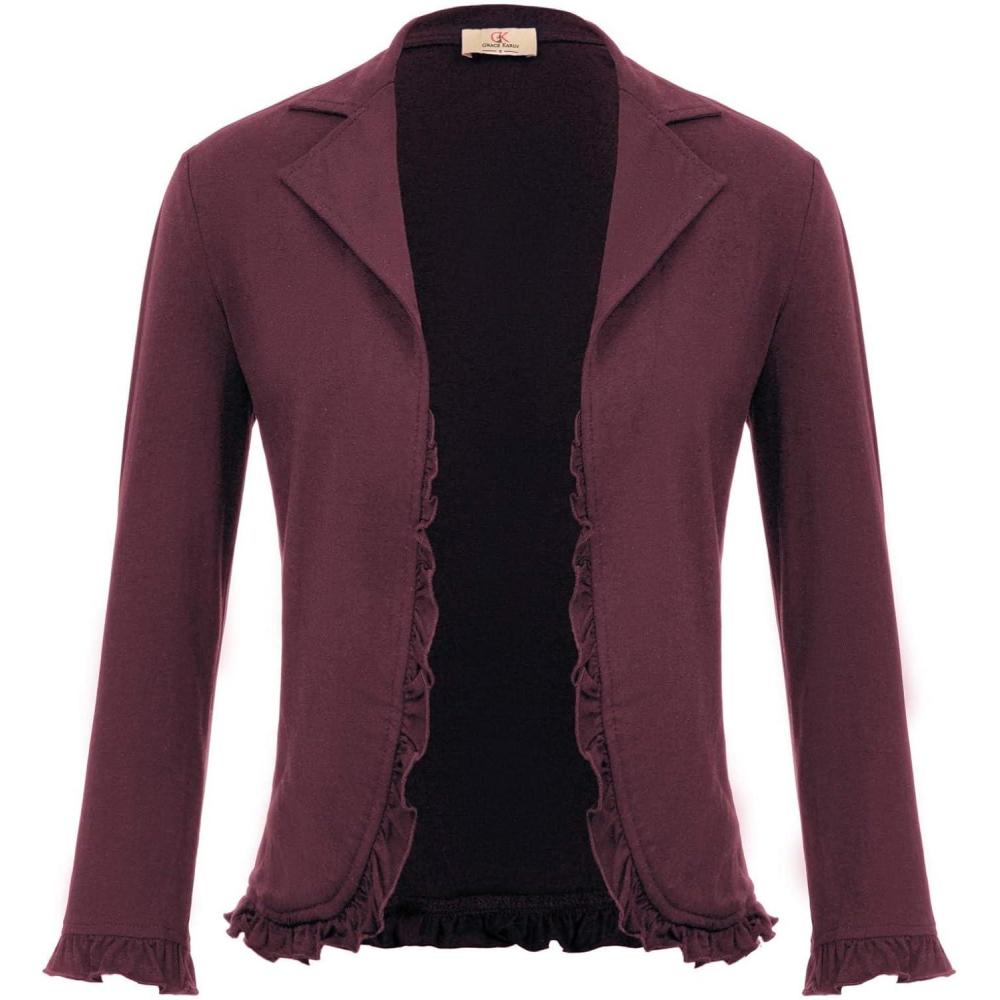 imageGRACE KARIN Women 34 Sleeve Cropped Blazer Lightweight Open Front Cotton Cardigan Jacket for Business Casual WorkBurgundy