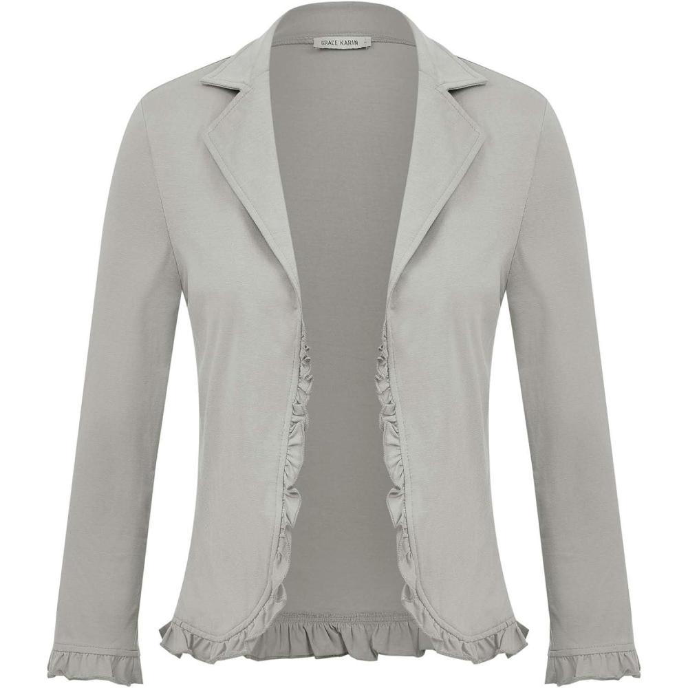 imageGRACE KARIN Women 34 Sleeve Cropped Blazer Lightweight Open Front Cotton Cardigan Jacket for Business Casual WorkGray