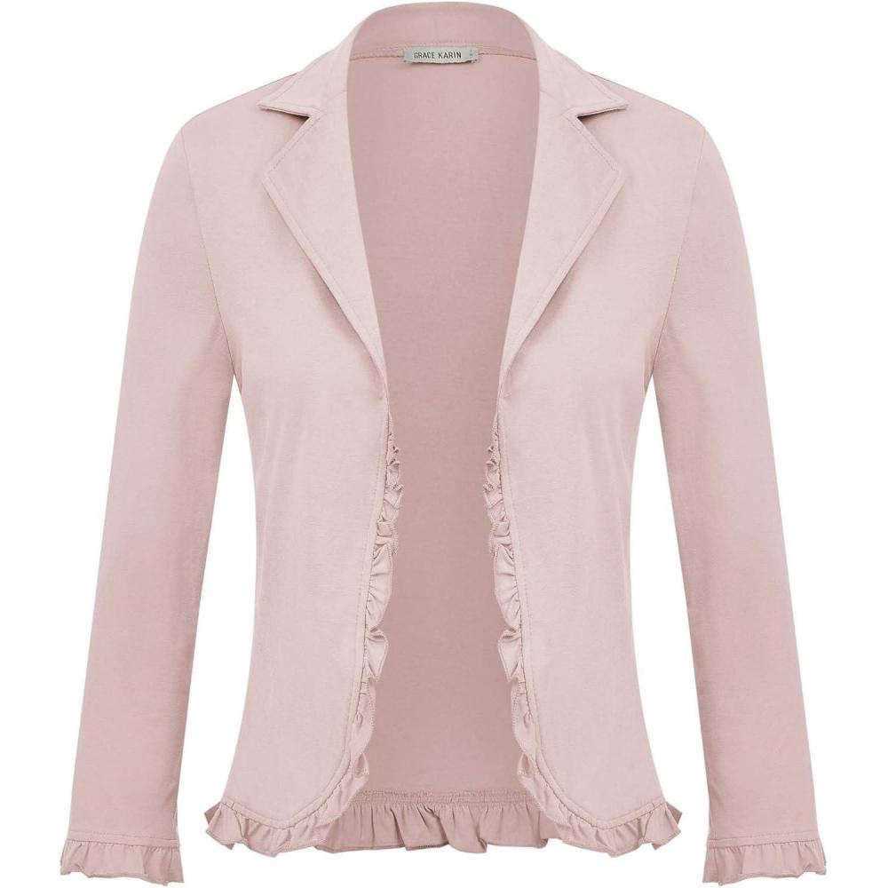 imageGRACE KARIN Women 34 Sleeve Cropped Blazer Lightweight Open Front Cotton Cardigan Jacket for Business Casual WorkLight Pink