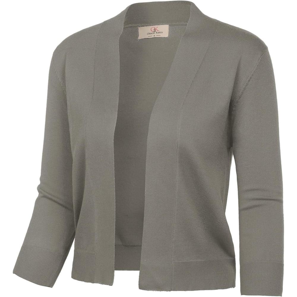 imageGRACE KARIN Women Cardigan Sweaters Lightweight Knit Cropped Cardigans Trendy 34 Sleeve Shrug Bolero S3XLKhaki Grey