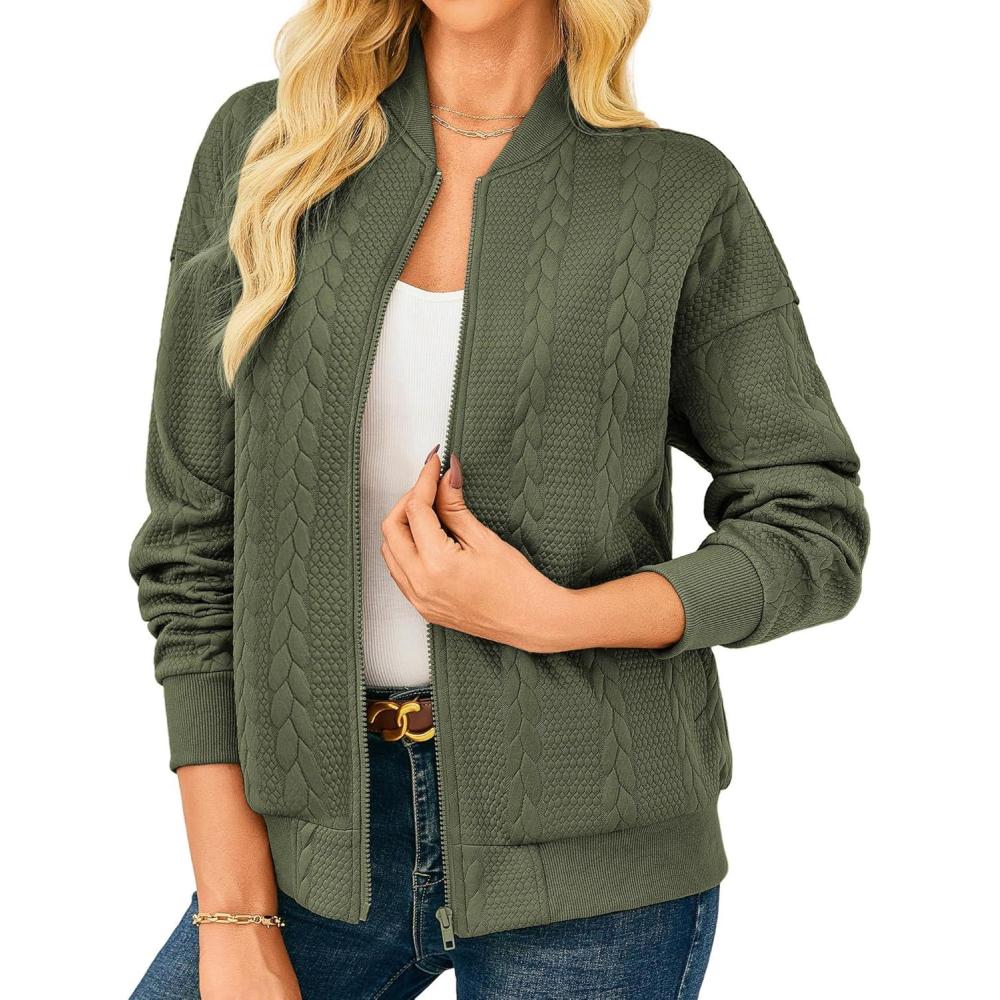 imageGRACE KARIN Women Casual Jacket Stand Collar Zip Up Lightweight Fall Fashion Bomber Coats Outfits with PocketsGreen
