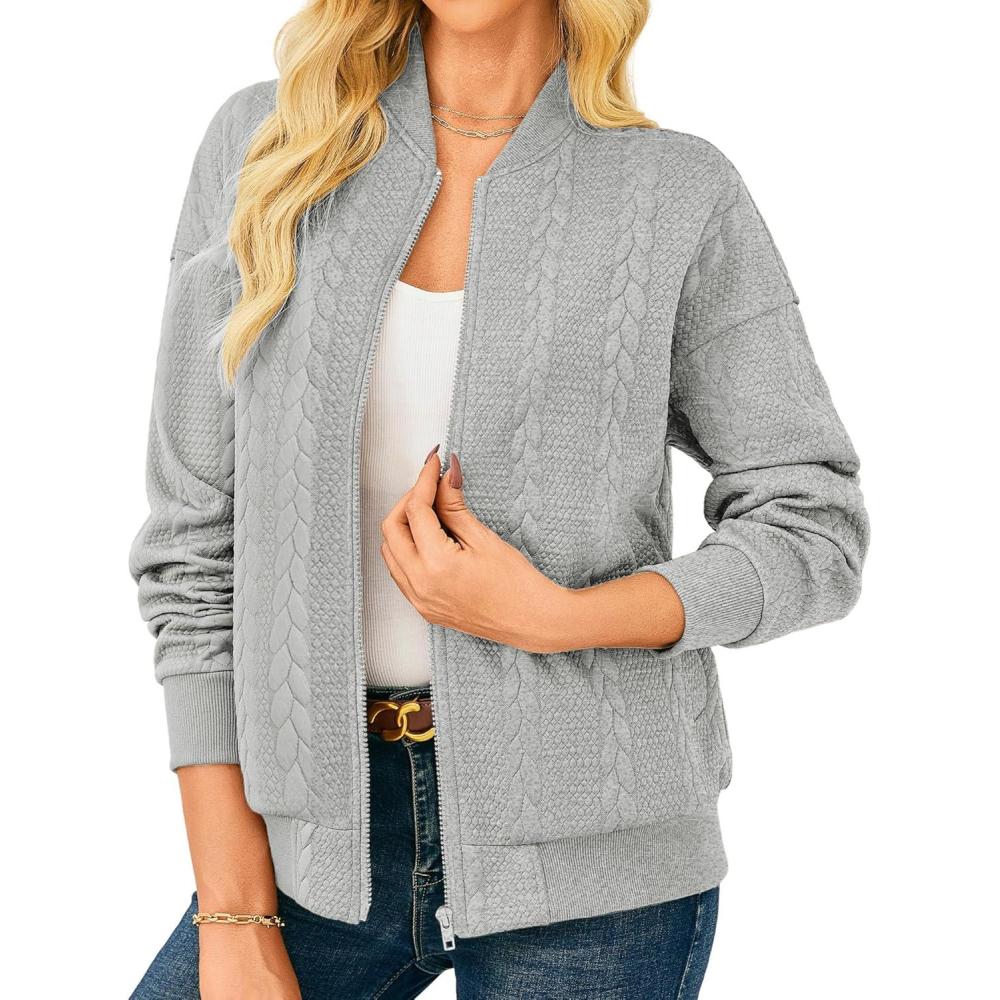 imageGRACE KARIN Women Casual Jacket Stand Collar Zip Up Lightweight Fall Fashion Bomber Coats Outfits with PocketsGrey