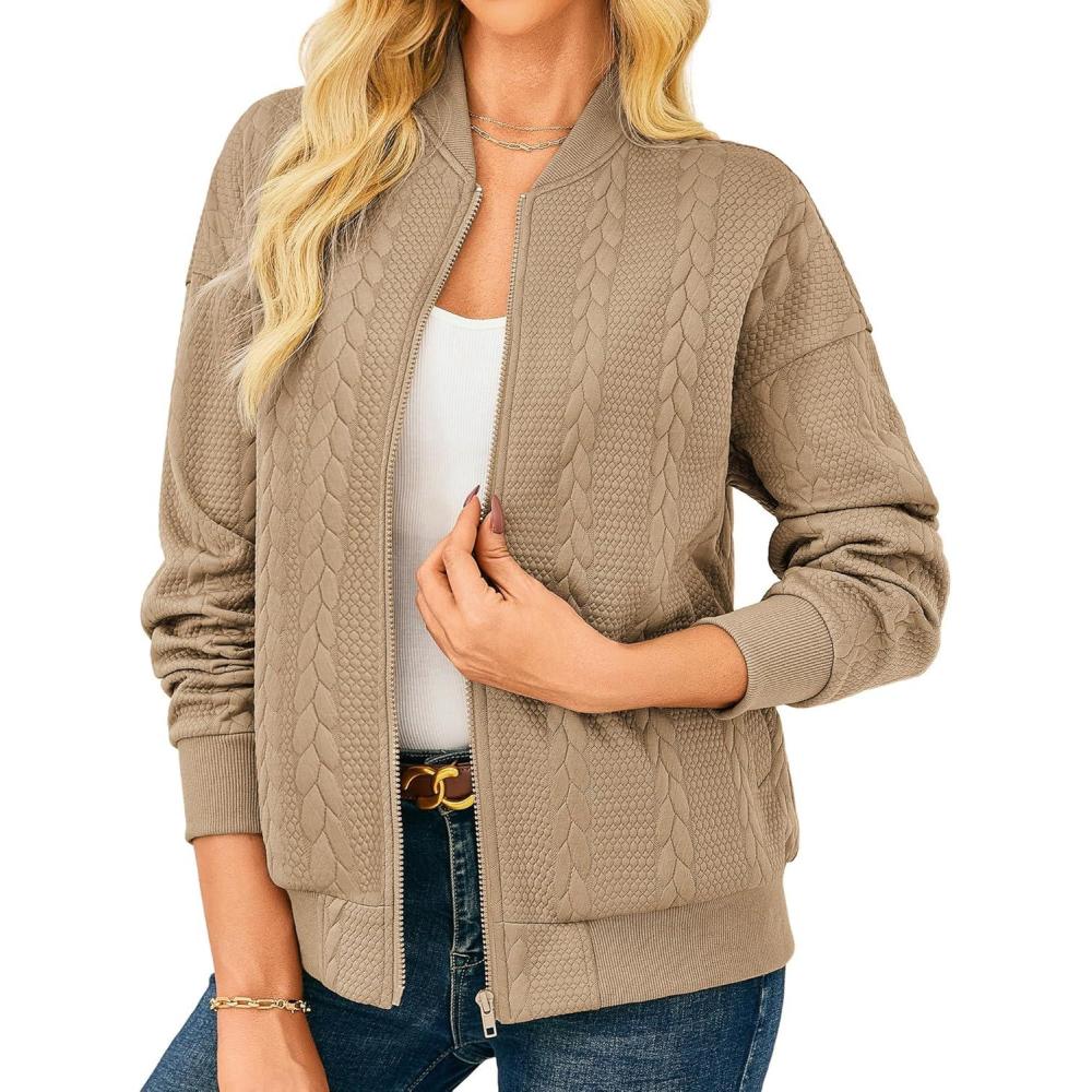imageGRACE KARIN Women Casual Jacket Stand Collar Zip Up Lightweight Fall Fashion Bomber Coats Outfits with PocketsKhaki
