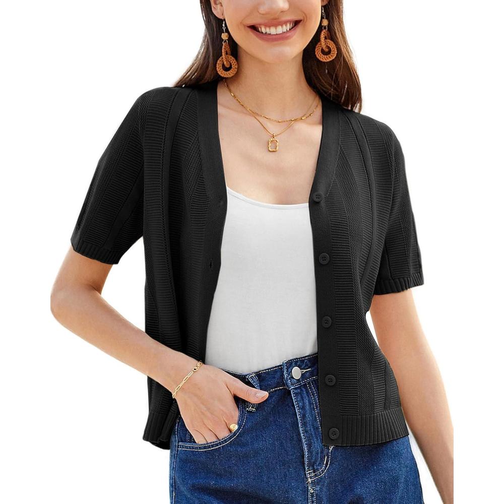 imageGRACE KARIN Women Short Sleeve Cropped Cardigan Crochet Knit Lightweight Button Down V Neck Bolero Sweater Top 2025Black