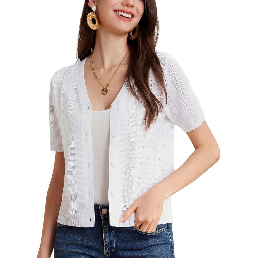 imageGRACE KARIN Women Short Sleeve Cropped Cardigan Crochet Knit Lightweight Button Down V Neck Bolero Sweater Top 2025White