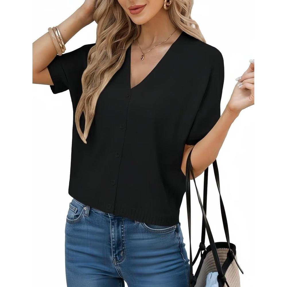 imageGRACE KARIN Women Short Sleeve Spring Cardigan Sweaters Button Down Knit Shirt Dressy Casual Tops 2026 Summer OutfitsBlack