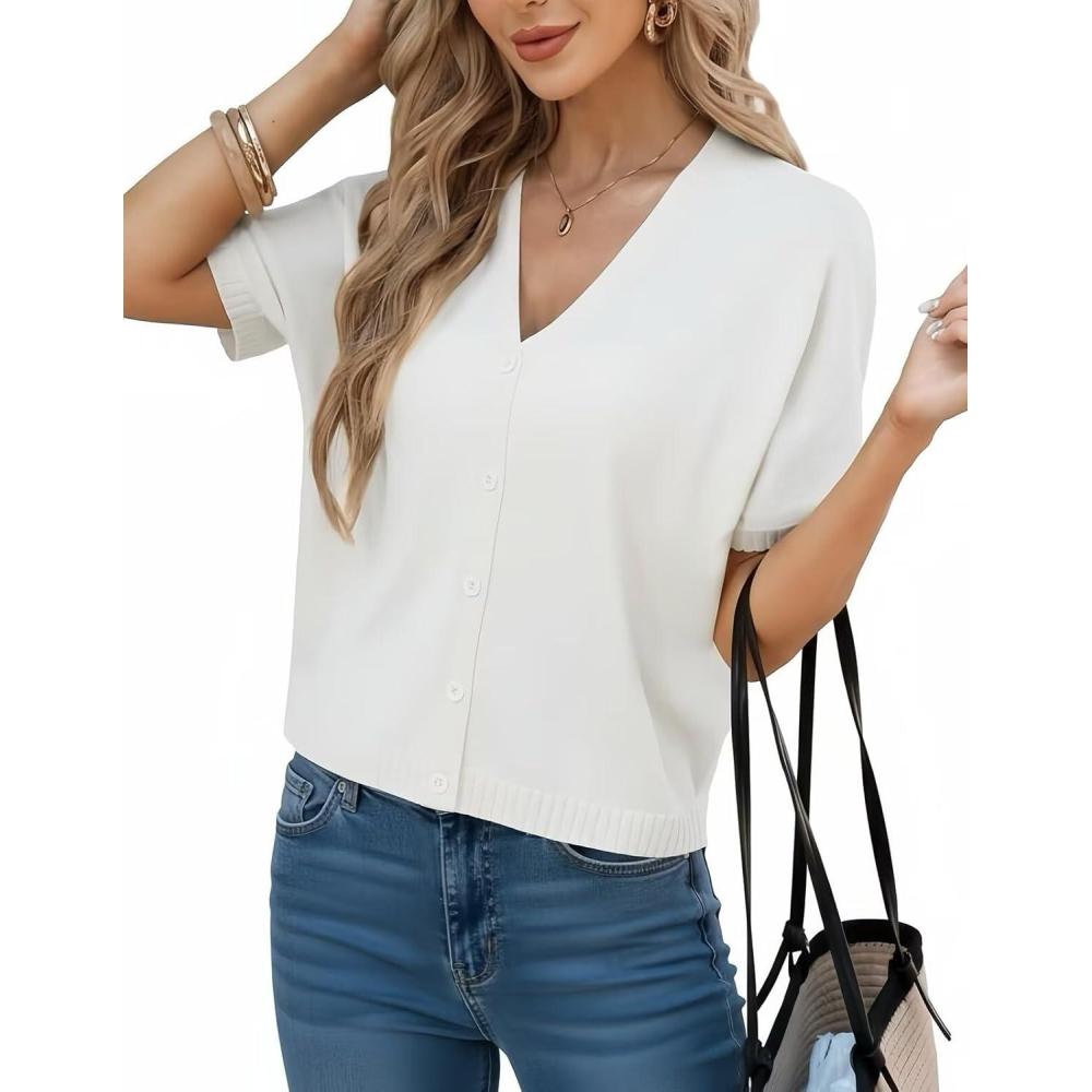 imageGRACE KARIN Women Short Sleeve Spring Cardigan Sweaters Button Down Knit Shirt Dressy Casual Tops 2026 Summer OutfitsOffwhite