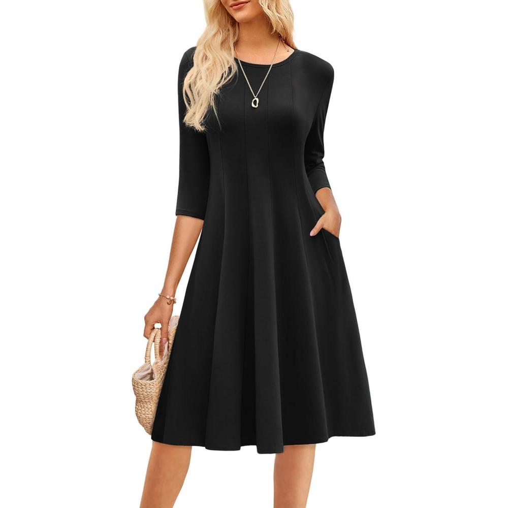 imageGRACE KARIN Women Summer Dresses 2026 Casual 34 Sleeve Dress A Line Fit and Flare Midi Dress with PocketsBlack