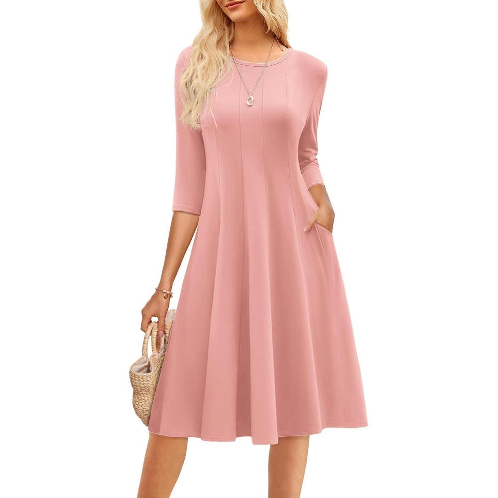 imageGRACE KARIN Women Summer Dresses 2026 Casual 34 Sleeve Dress A Line Fit and Flare Midi Dress with PocketsDusty Pink